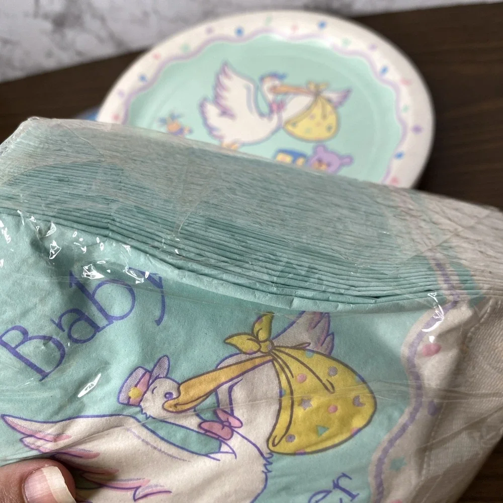 VTG 80/90s NIP AMSCAN Baby Shower Lot Plates, napkins, Tablecover Pastel Stork